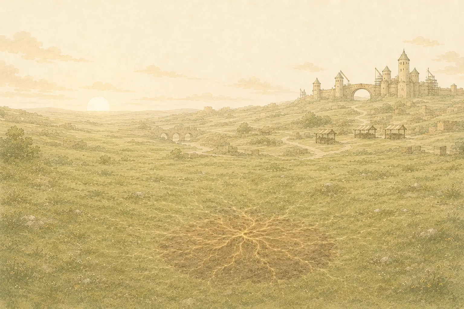 Organic golden-green roots spread beneath GRO beside the official tree while Robinhood Kingdom continues growing beyond