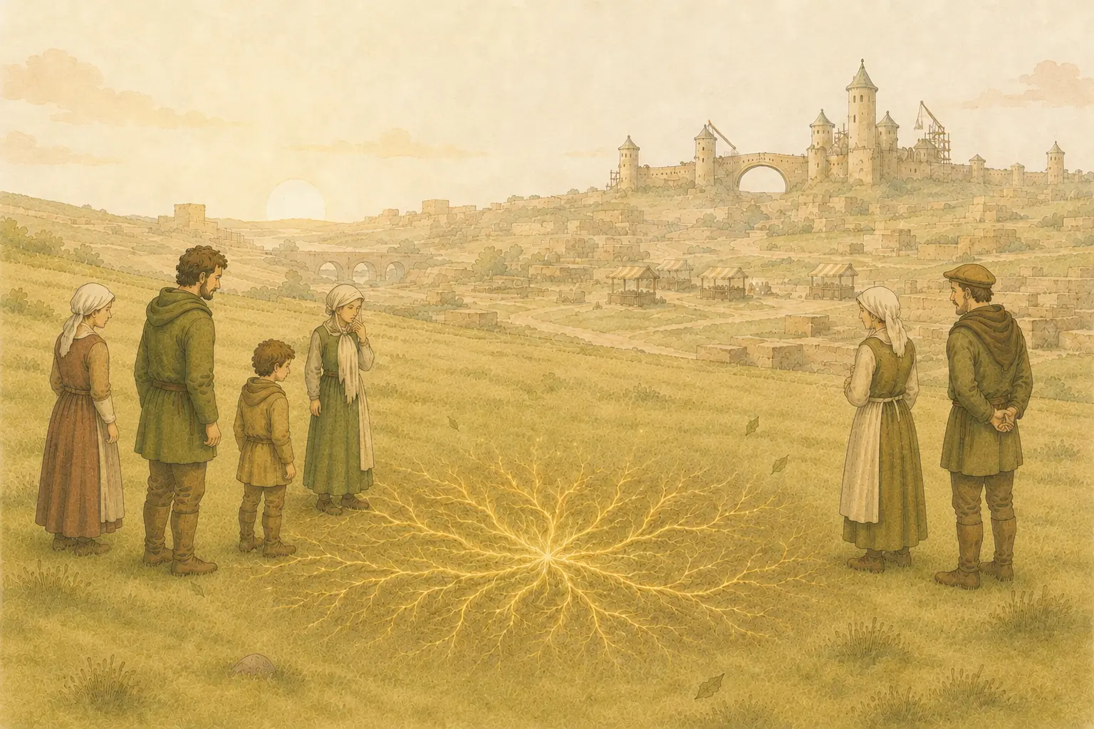 Six familiar townspeople watch organic golden-green root magic spread beside the official tree as Robinhood Kingdom grows beyond