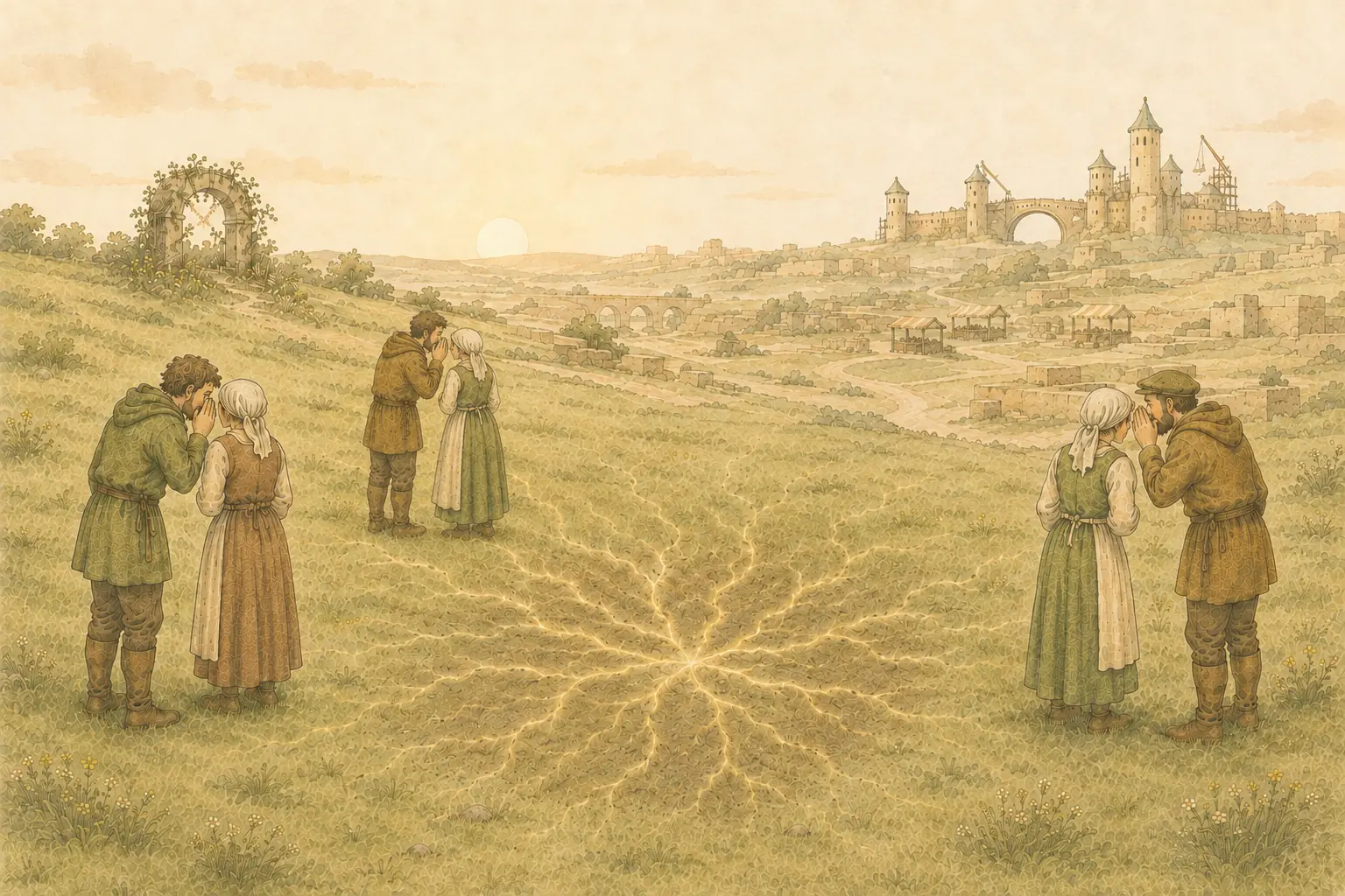 Six familiar townspeople whisper as golden-green roots spread beside the official tree, with Robinhood Kingdom and a forgotten garden arch beyond
