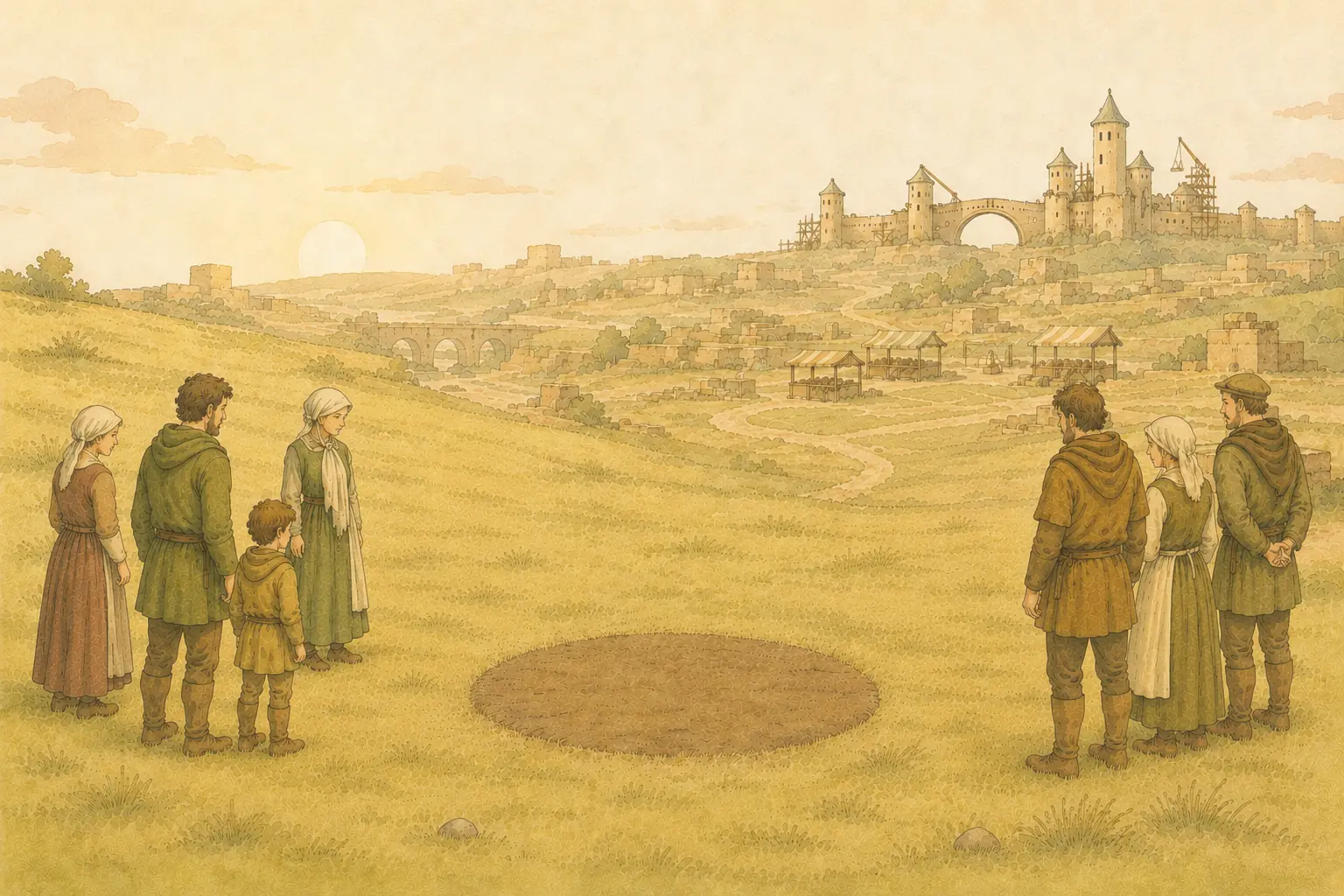 Seven people of Robinhood Kingdom gather around GRO and the official tree while the young city rises beyond