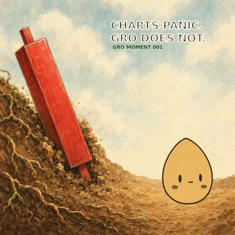 GRO calmly watches a giant red sell candle in a hand painted trench