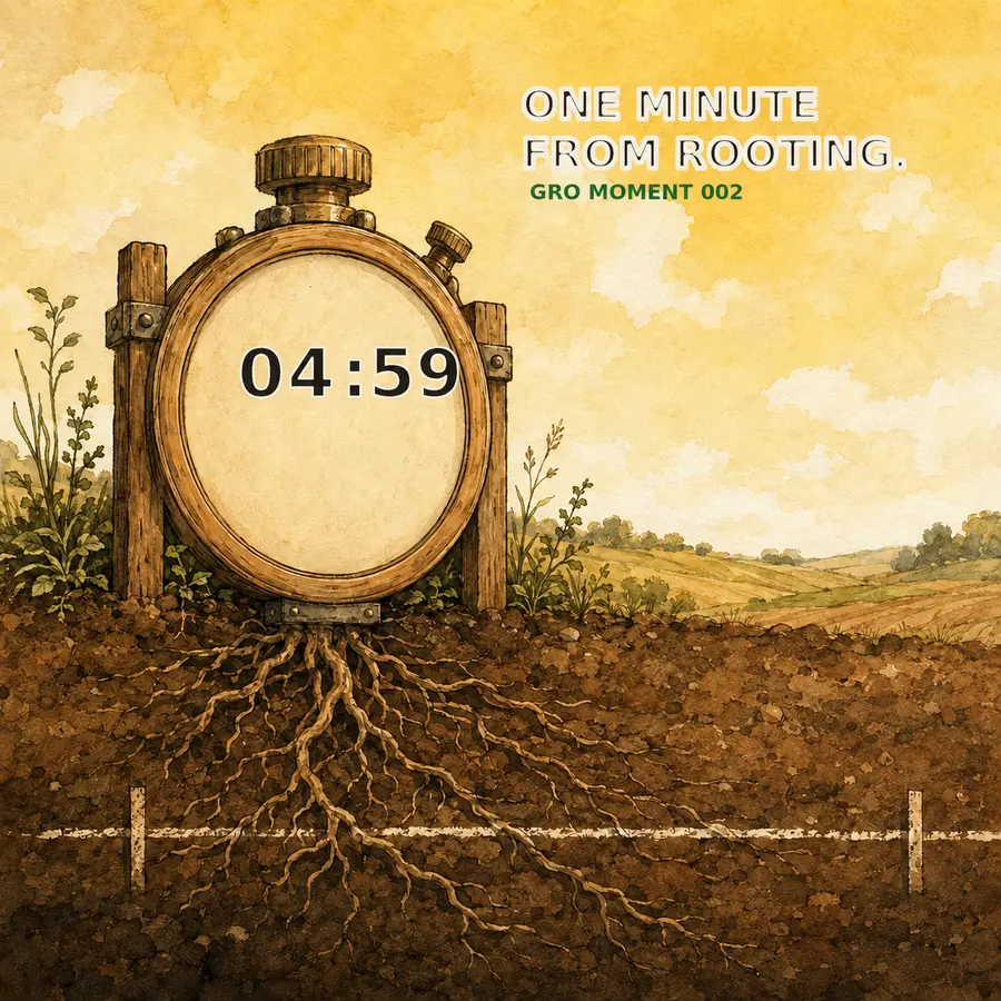 A hand painted field timer rooted in soil at 04:59